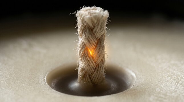 Macro of a single wick before lighting, the wick glowing faintly gold from within