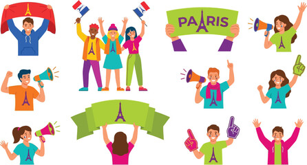 Fototapeta premium Group of colorful Paris sports fans stickers set.