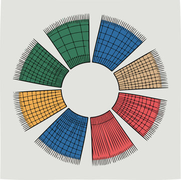 Bold commercial flat vector of a circular color wheel chart with grid textures, isolated on transparent background for business