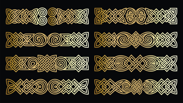 Celtic knot borders and golden geometric ornaments on black background.