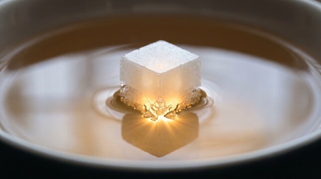Macro of a single sugar crystal dissolving in tea, releasing a tiny golden light