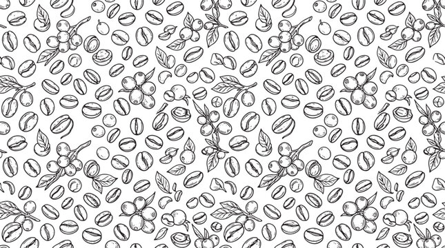 Coffee beans and berries seamless pattern hand drawn sketch illustration for cafe menu and food packaging design