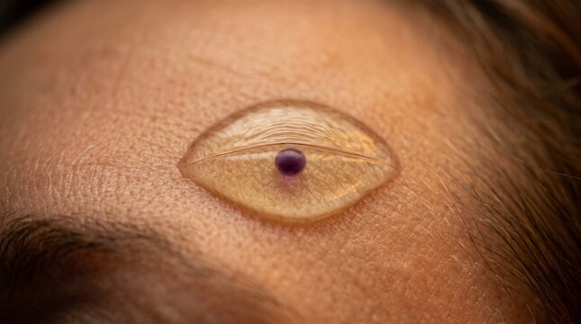 Macro of a single drop of lavender oil on a temple, the droplet shaped like a sleeping eye