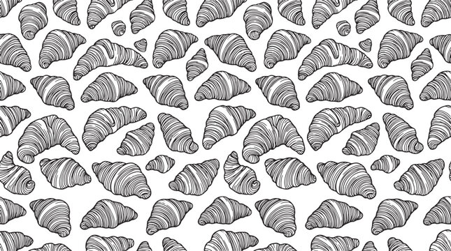 Croissant pattern background with hand drawn ink sketches of French pastries for bakery menu and food design