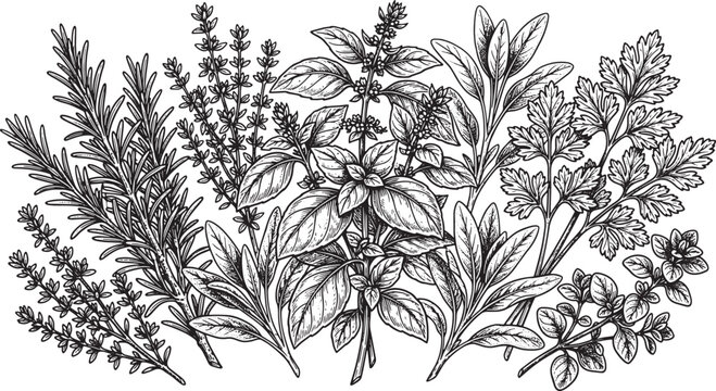 Culinary herbs collection featuring rosemary basil thyme sage and parsley in a detailed hand drawn vector illustration