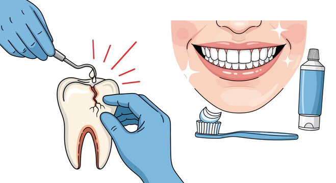 Dentist cleaning a decayed tooth and healthy smile with toothpaste and brush