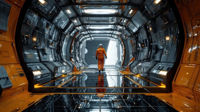 Corridor of a spaceship, an astronaut in an orange spacesuit is running along the corridor, at the end of the corridor is a huge window to open space, a planet can be seen in the distance. Created Usi