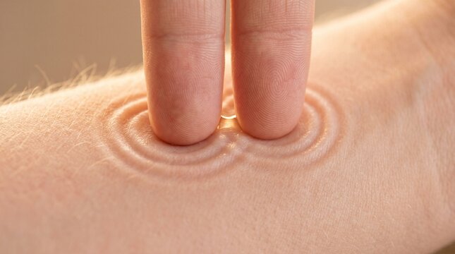 Macro of two fingertips pressing into skin, the skin rippling like calm water