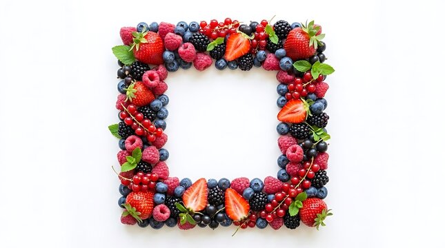 Colorful berry frame arrangement on white background for culinary and design uses