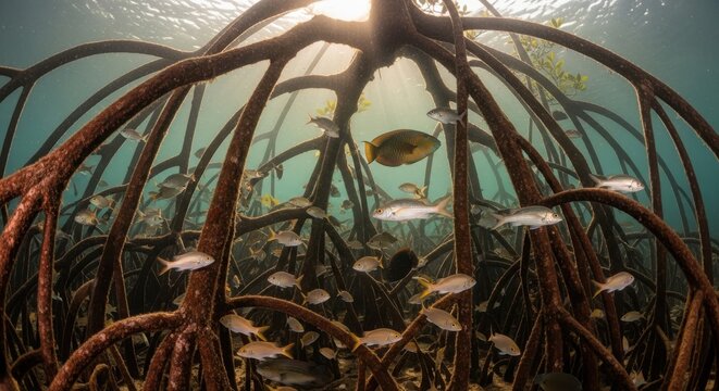 Underwater Mangrove Forest with Schools of Fish