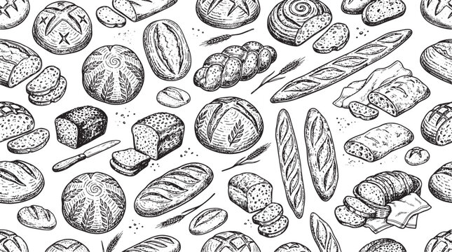 Hand drawn bread pattern with various loaves and wheat ears in a detailed black and white sketch style