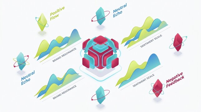 Sentiment analysis data visualization, a modern isometric illustration of emotional feedback metrics. Positive, neutral, and negative sentiment scales with abstract data points and graphs