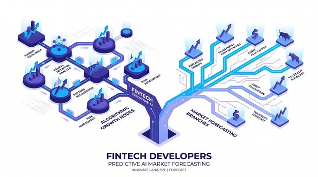 Fintech Developers Predictive AI Market Forecasting, an isometric illustration of algorithmic growth models and market forecasting branches, showcasing financial technology and artificial