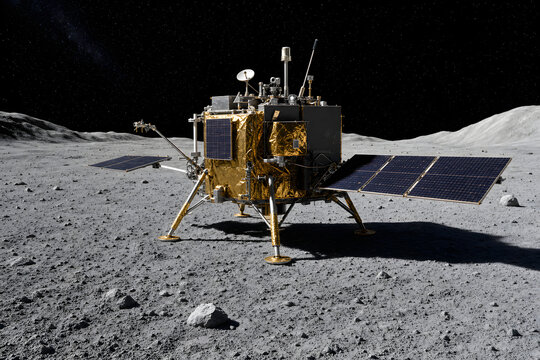 Lunar lander on moon surface under stars