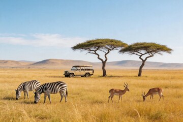 Fototapeta premium Safari scene with zebras antelopes and vehicle