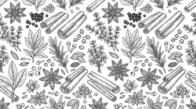 Hand drawn culinary herbs and spices pattern with cinnamon sticks star anise and peppercorns vector illustration