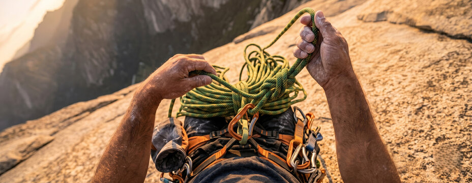 First-person view of a male rock climber arranging his green climbing rope while seated on a granite cliff face at golden hour.