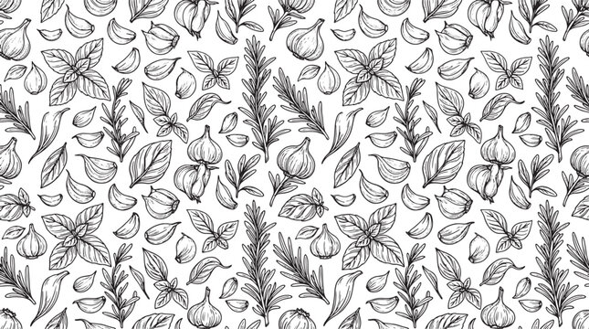 Hand drawn culinary herbs and garlic seamless pattern for food packaging design in black and white vector