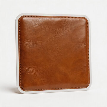 This is a padded square leather accessory with white trim, designed for desktop organization and use as a mat or small storage piece.