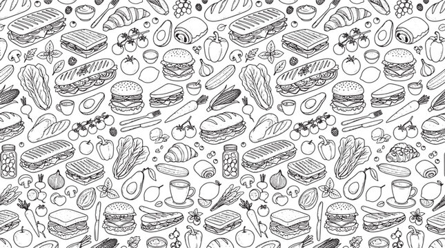 Hand drawn food pattern with sandwiches burgers and fresh vegetables in a detailed black and white sketch