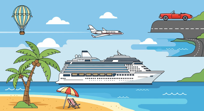 Luxury Travel: Cruise Ship, Private Jet, Hot Air Balloon, Convertible Car, Tropical Beach