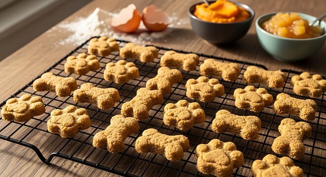Dog biscuits on cooling rack with ingredients overhead shot