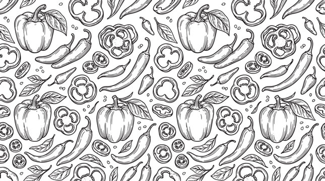 Hand drawn pepper pattern with bell peppers and chili peppers in a detailed black and white sketch