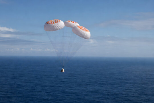 Reentry capsule descending above open ocean under parachutes