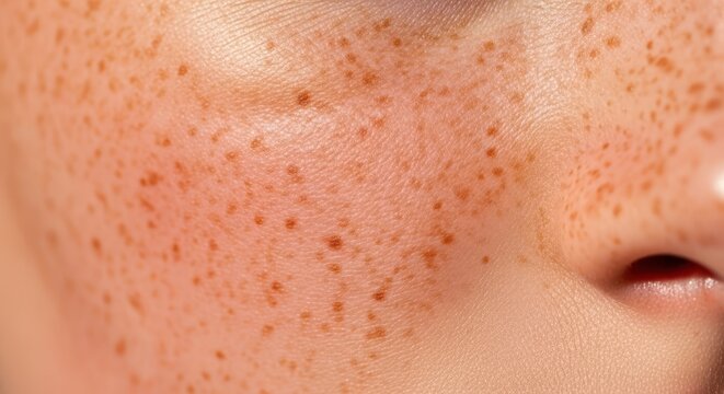 Close up of freckles and skin texture on face