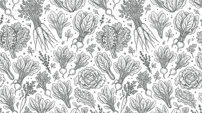Hand drawn vegetable pattern with carrots radishes and leafy greens for organic food packaging and culinary design