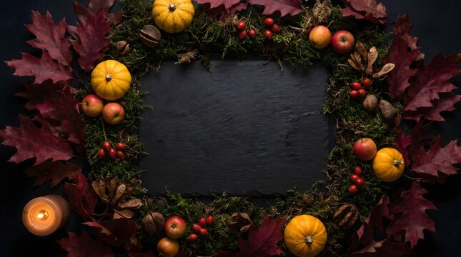 Autumn harvest wreath framing a blank chalkboard with pumpkins, gourds and candles for a cozy Halloween or fall decor display
