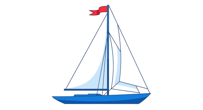 Blue sailboat with red flag on white background, illustration