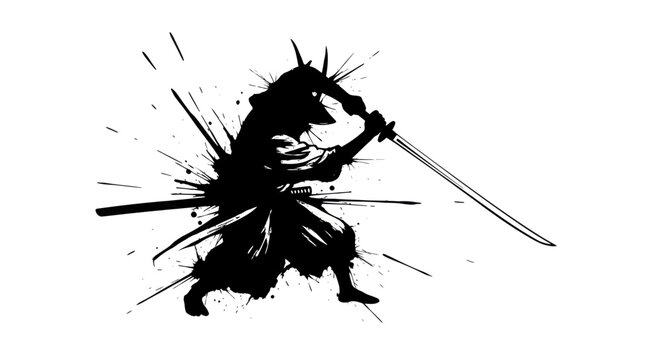 Dynamic Samurai Silhouette with Katana Sword in Ink Splash Effect