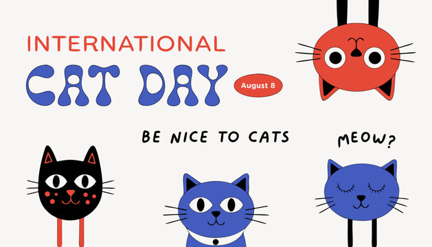 International Cat Day, cute cat faces, colorful feline illustrations, vector icons