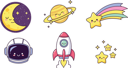Cute Kawaii Outer Space Set With Moon Planet Saturn Shooting Star Astronaut Helmet Rocket and Stars Cartoon Vector Illustration © MD