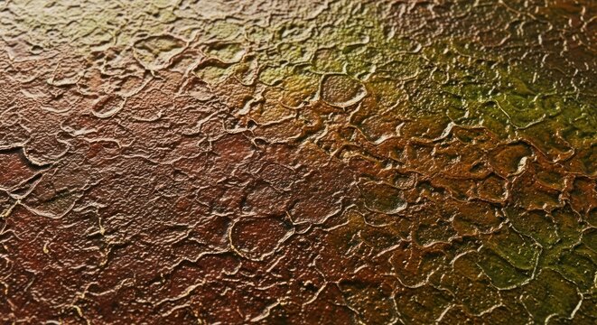 Closeup of textured stone with mossy green weathering