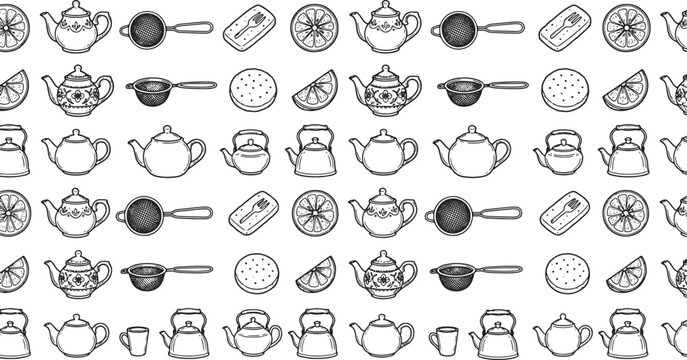 Tea time seamless pattern with hand drawn teapots tea strainers cookies and citrus slices in vector illustration