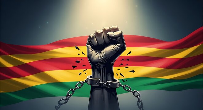 Emancipation and freedom celebration, Juneteenth, Ghana flag background, broken chains