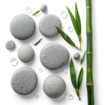 Smooth grey spa stones and green bamboo leaves arranged for relaxation and zen wellness beauty therapy