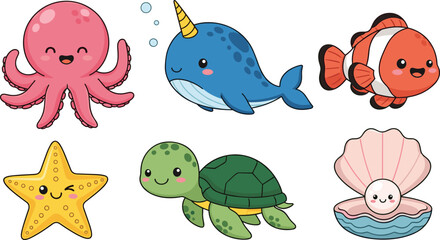 Cute Kawaii Ocean Sea Animals Set With Octopus Narwhal Clownfish Starfish Turtle and Shell Cartoon Character Vector Illustration © MD