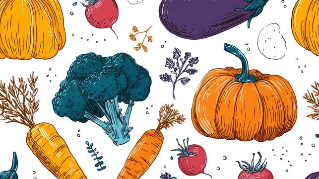 Hand drawn colorful garden produce creates a repeating pattern across a white background.