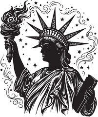 Obraz premium Statue of Liberty Silhouette with Crown and Torch in Line Art Style Illustration,Generative Ai