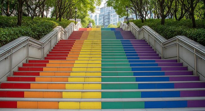 Colorful rainbow stairs leading to urban landscape and greenery