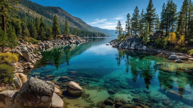Turquoise water at a tranquil Nevada lake cove, pine trees and rugged mountain backdrop