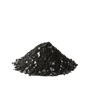 Central mound of pure black graphite powder with fine dust and crystalline flakes, subtle metallic sheen, granular texture, isolated on a transparent studio background, showcasing material purity