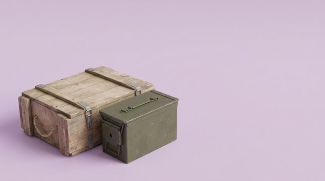 A wooden crate and a green metal box sit side by side.
