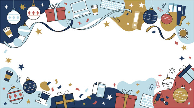 Festive office holiday themed background with christmas decorations and workspace items