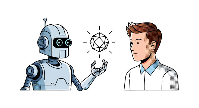 AI robot presenting a glowing geometric digital core to a man, retro comic book style illustration