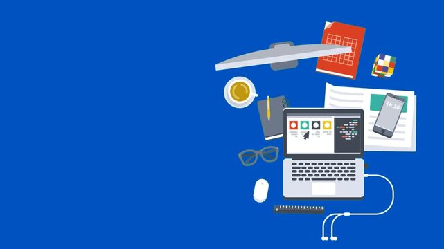 Business productivity with blue screen chroma key background. Laptop with multiple floating icons calendar charts and people in modern workspace perfect for video editing