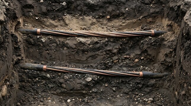 Two parallel buried pipes exposed in a trench with underground pipes underground construction utilities